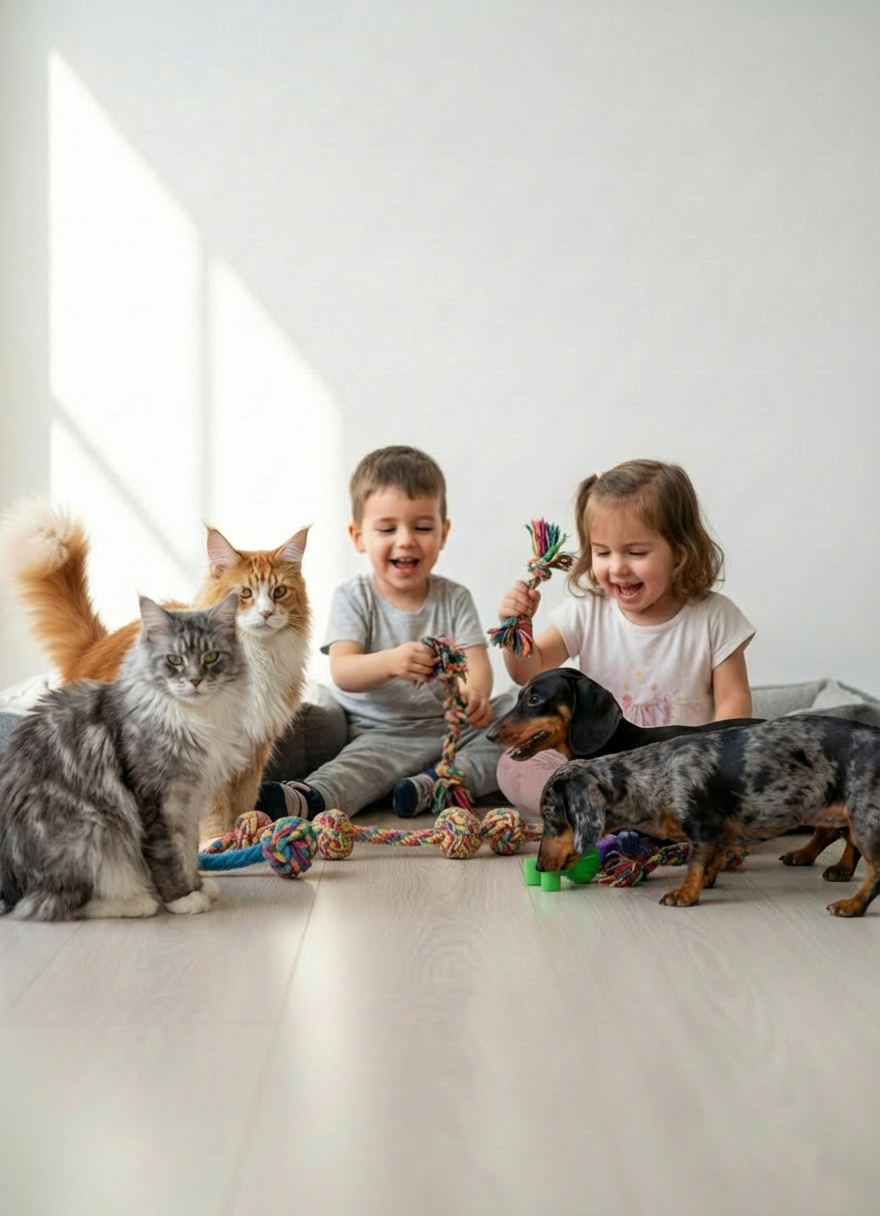 mascotas Una escena fotográfica de alta calidad que muestra a un cachorro mestizo de pelaje corto color miel y un gato atigrado gris claro, ambos perfectamente aseados, sentados juntos sobre un piso de madera clara impecable frente a una pared blanca minimalista. Están rodeados por juguetes limpios y coloridos y dos camas para mascotas nuevas, de tela suave gris grafito. La luz es natural, de mañana, entrando por una ventana lateral fuera de cuadro, creando reflejos suaves en los ojos de los animales y sombras delicadas. La composición es a nivel de sus ojos, con profundidad de campo reducida para un fondo ligeramente desenfocado. El ambiente transmite seguridad, confianza y profesionalismo, con estética fotográfica realista, limpia y moderna, ideal para la portada de un negocio serio de adopción y venta segura de mascotas en México.